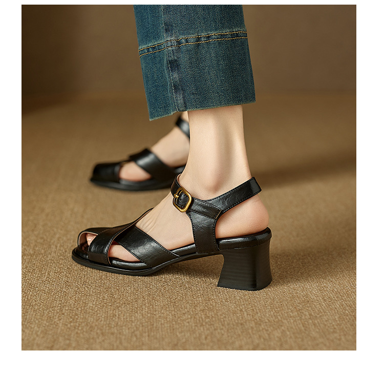 Sandal nữ da bò kiểu Pháp đế mềm thấp gót đi làm mùa hè — đen chi tiết 12