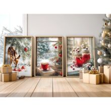 插画风小鹿咖啡果酱罐头圣诞节客厅卧室装饰海报画芯松木内框画