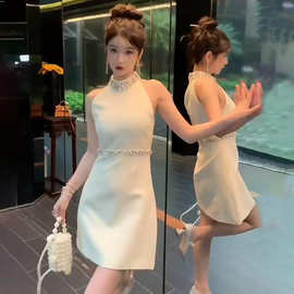 名媛小香风镶钻重工挖肩千金连衣裙女露肩收腰立领白色气质短裙夏
