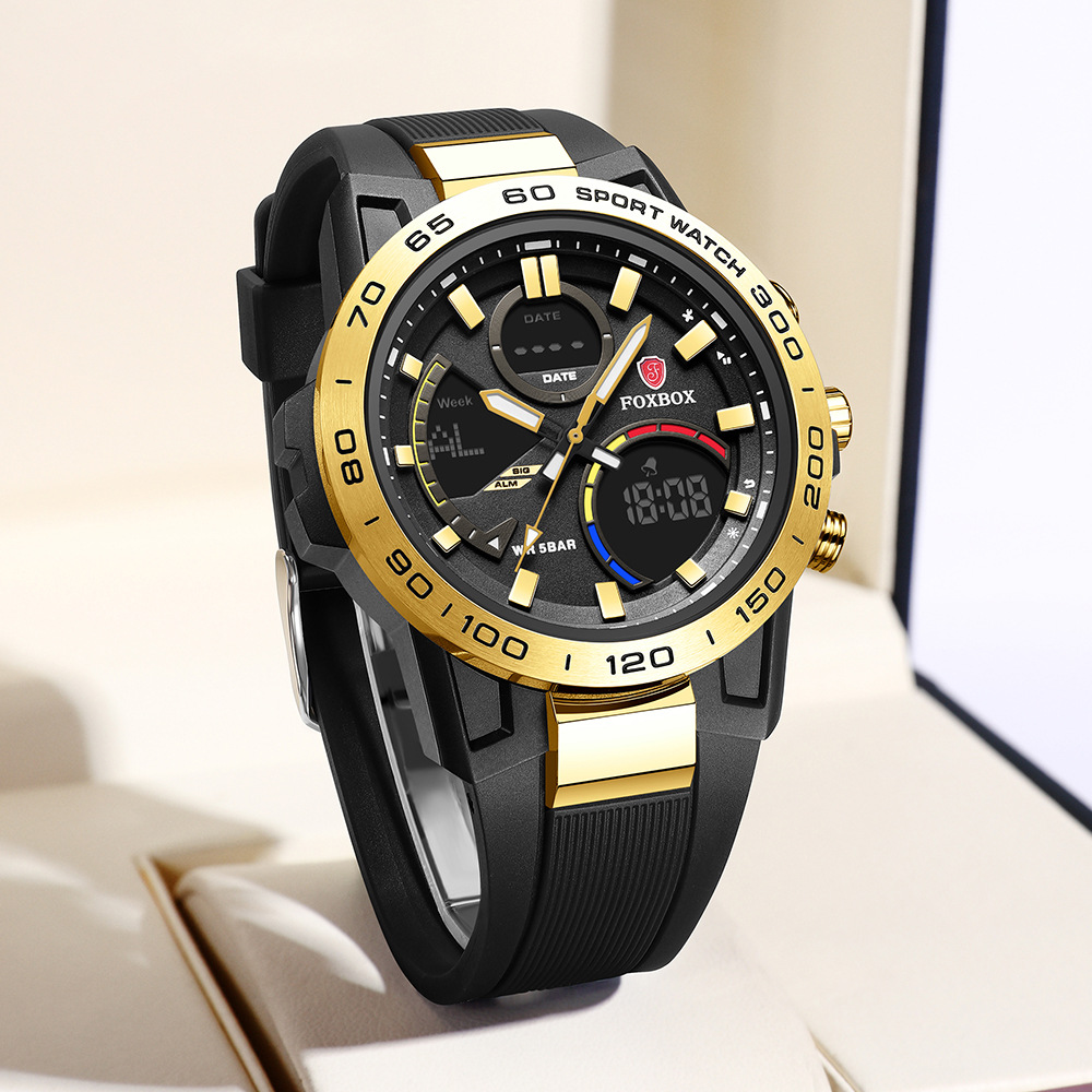 FOXBOX hombre nuevo cronógrafo multifuncional impermeable reloj despertador de doble pantalla reloj electrónico reloj deportivo para estudiantes
