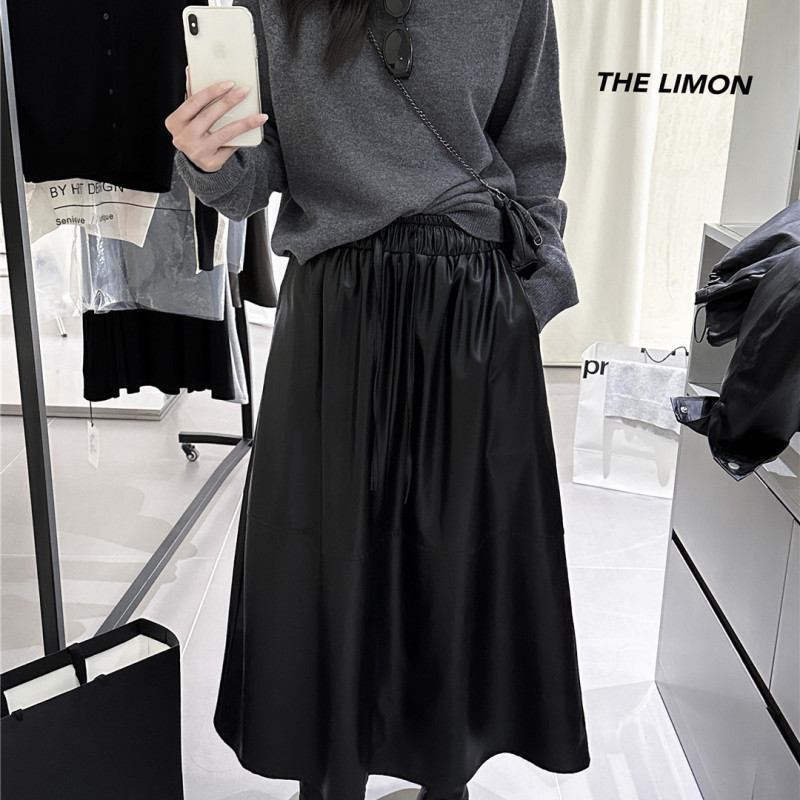 the limon柠檬绿茶2025秋季新款复古松紧腰PU皮半身裙女中长款裙|undefined