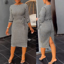TD2370欧美春秋性感印花弹力黑白格纹包臀紧身职业裙中长袖连衣裙