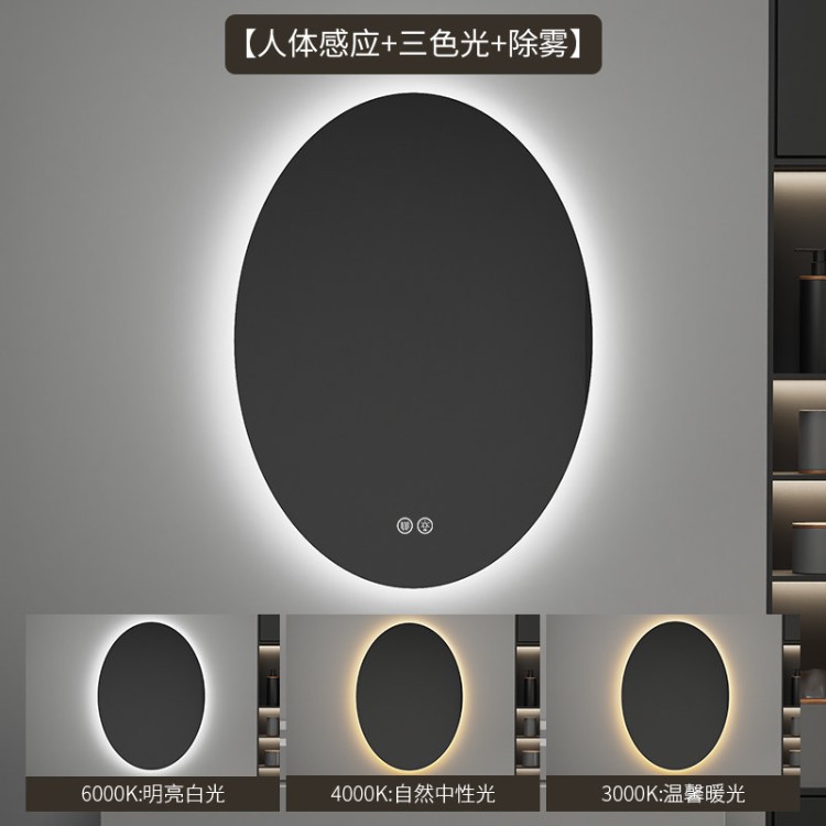 espejo inteligente elíptico de alta definición de forma especial espejo de maquillaje colgado en la pared con iluminación LED pantalla táctil anti-nebble espejo de baño