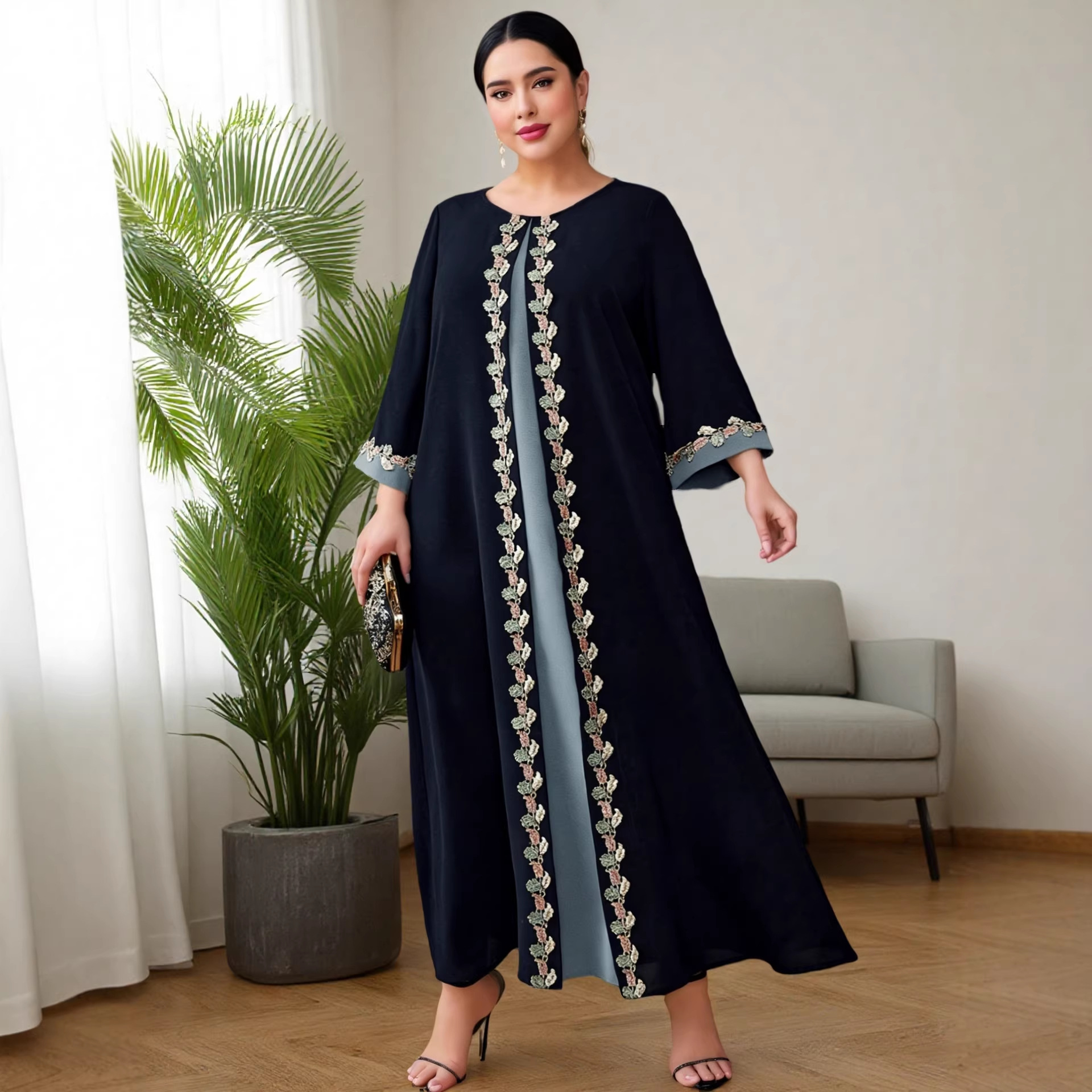 Exclusive Cross-border Supply Of Middle Eastern Robes, Muslim Fashion Navy Blue Embroidered Patchwork Abaya Plus-size_ecoleips.com