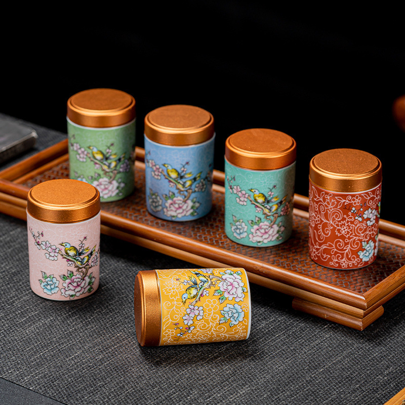 迷你小号茶叶罐珐琅彩便携密封罐防潮户外旋转铝合金可爱陶瓷罐
