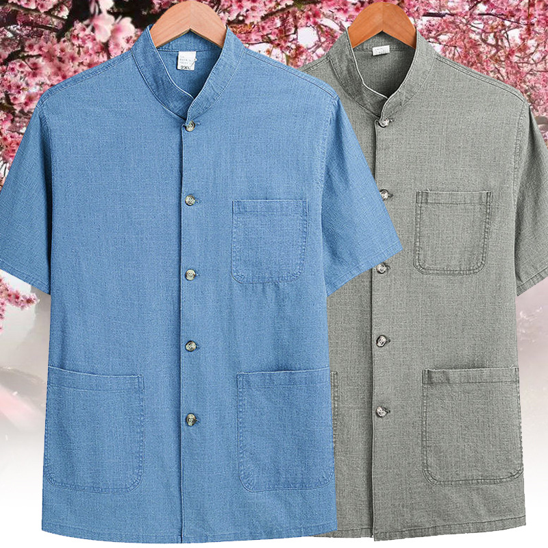 Dad Short-sleeved Shirt Men's Ice Silk Linen Middle-aged and Elderly Top Summer Grandpa Summer Shirt Loose Old Head Shirt