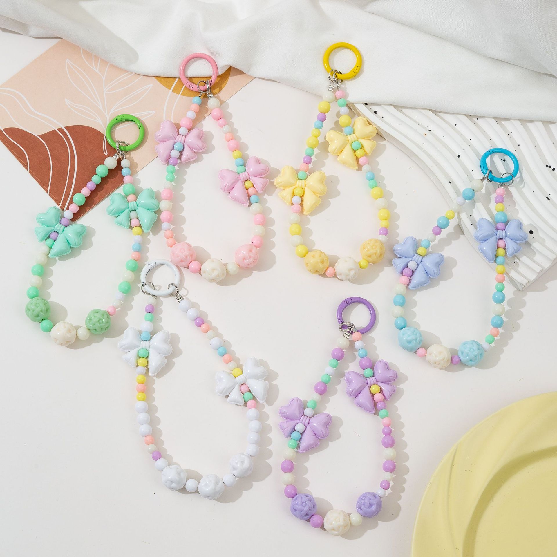 New Colorful Candy-Colored Phone Chain, Same Style as on Xiaohongshu, with Bowknot Beads for Bags, Water Bottles, and Car Keychains