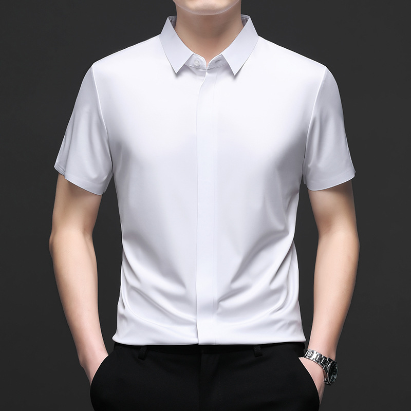 Advanced Sense Mulberry Silk Men's Traceless Short-sleeved Shirt Business Casual Solid Color Hidden Buckle Elastic Thin Men's Shirt Advanced Sense Mulberry Silk Men's Traceless Short-sleeved Shirt Business Casual Solid Color Hidden Buckle Elastic Thin Men's Shirt