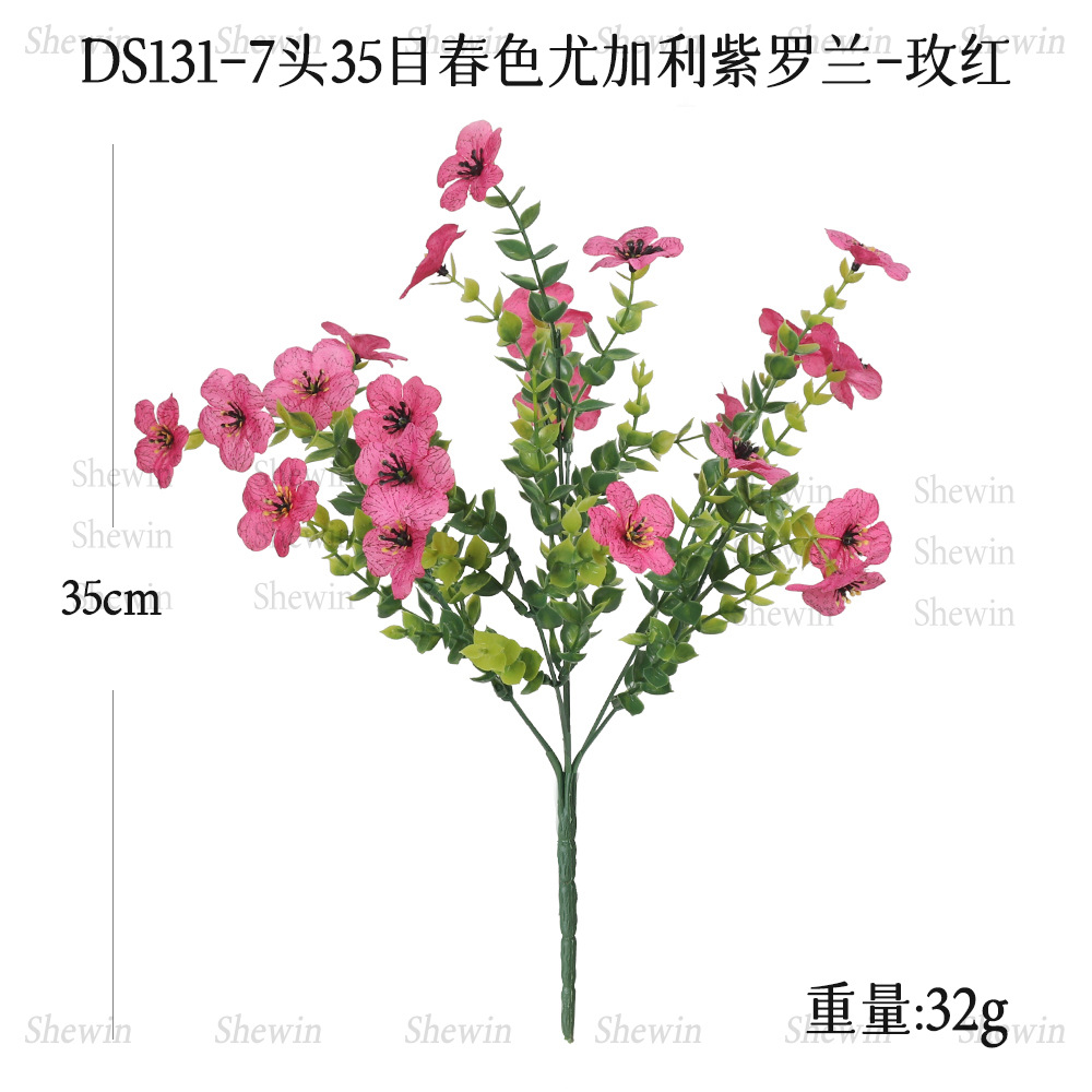 Flores artificiales de eucalipto violeta de siete cabezas para decoración de jardín exterior, hogar, hotel, boda, adornos de flores artificiales.