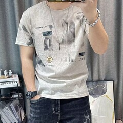 潮牌丸首半袖tシャツ男性プリント氷糸tシャツ夏男性ファッションカジュアル高級半袖上着潮