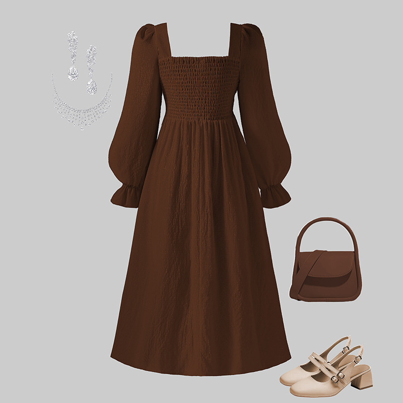Mädchen Kleid Mit Viereckigem Ausschnitt Und Langen Ärmeln_voghion.com