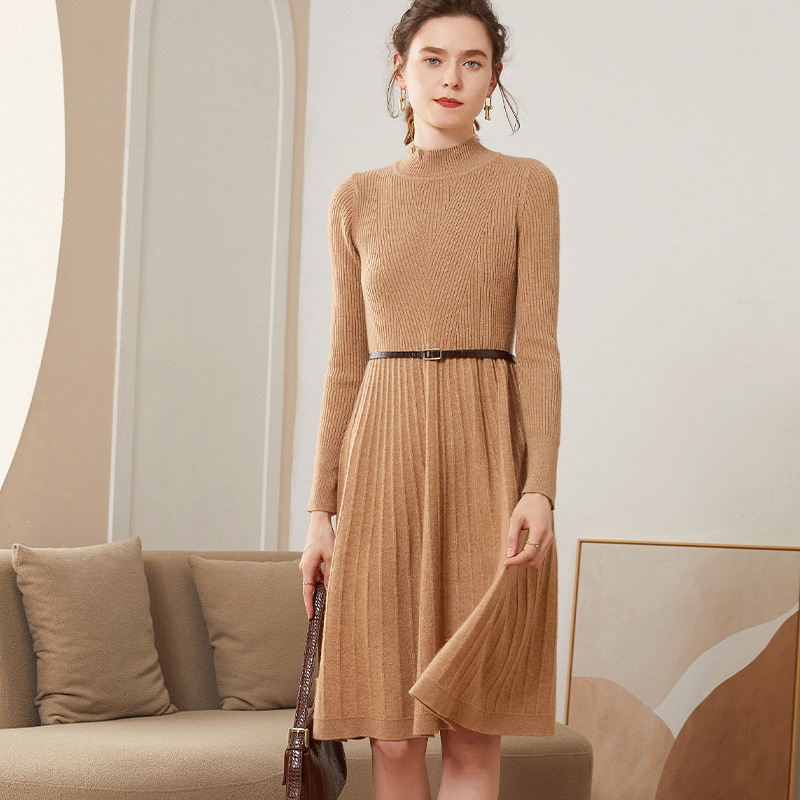 Autumn and winter new semi-high collar cashmere dress women's mid-length over-the-knee pleated skirt knitted base sweater dress