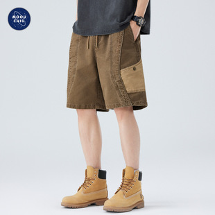 Muqiu Men's Clothing | Trendy Retro Pure Cotton Cargo Shorts Men's Design Contrast Color Casual Five-Point Casual Pants