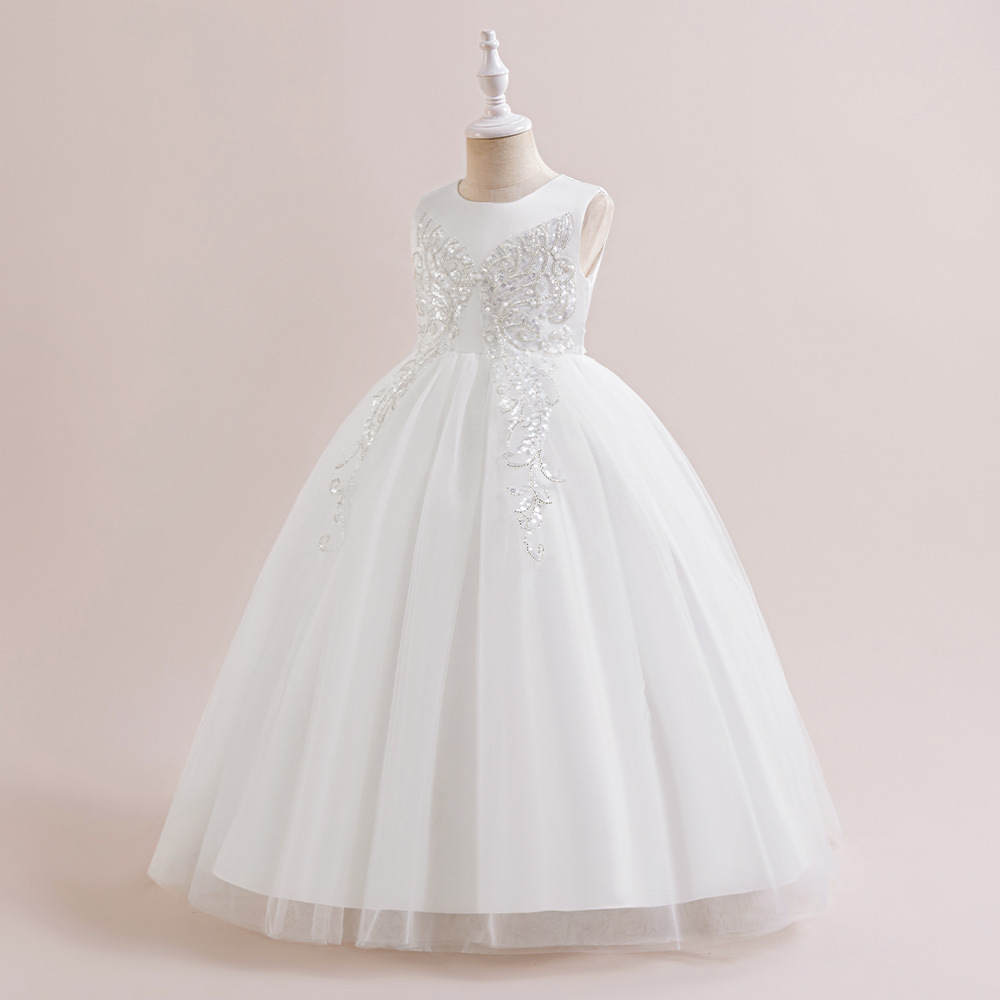 Aliexpress nuevo vestido transfronterizo de niños grandes y medianos vestido de princesa cuentas bordadas malla de chicas pequeños anfitriones ropa de actuación