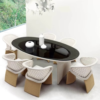 Silla de ratán al aire libre, balcón, mesa de centro, combinación de casa de familia, patio, muebles de jardín, villa, mesa y silla de comedor a prueba de lluvia al aire libre, juego de tres piezas