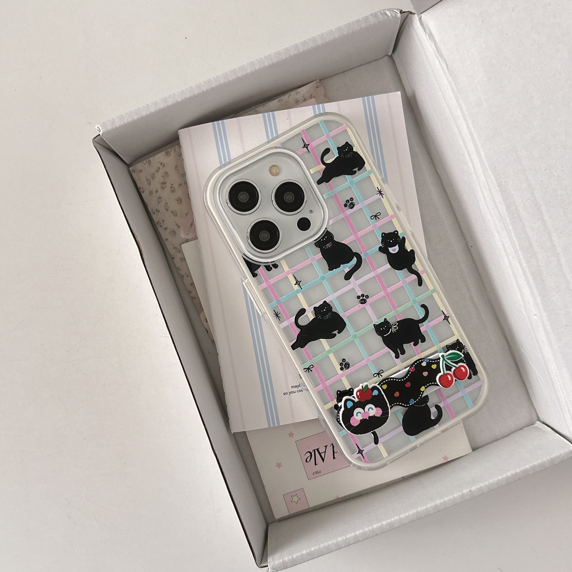 Gato negro a cuadros de color de dibujos animados coreanos para Apple 16ProMax funda para teléfono móvil 15Pro pareja 14/13 nuevo 16