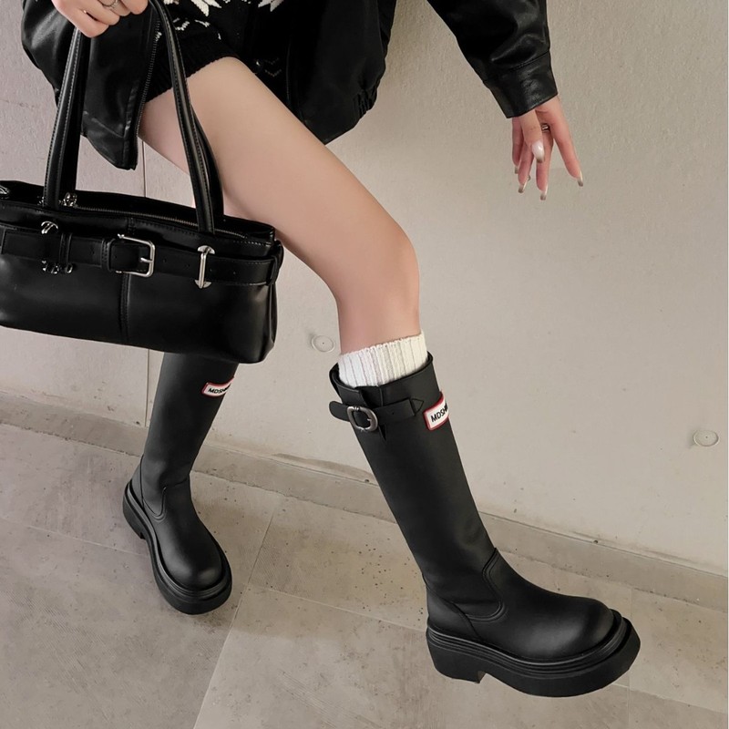 软皮版~红色雨靴女2025秋季新款圆头厚底高筒骑士靴不过膝长筒靴|undefined