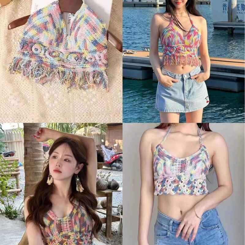 Colorful beauty back halter lace-up chest pad top crocheted hollow camisole beach swimsuit bikini small shirt for women