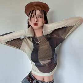 甜酷辣妹别致长袖T恤女春季复古修身打底衫圆领撞色上衣图片色