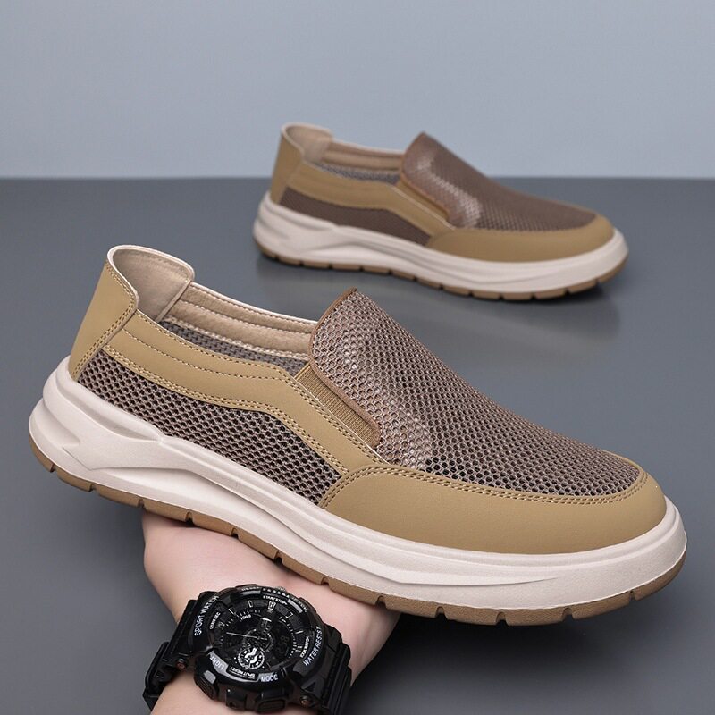 Giày lười nam lưới thoáng khí kiểu mới, đế bằng, phong cách thường ngày — Màu kaki【HT77663】, Màu xám【HT77663】