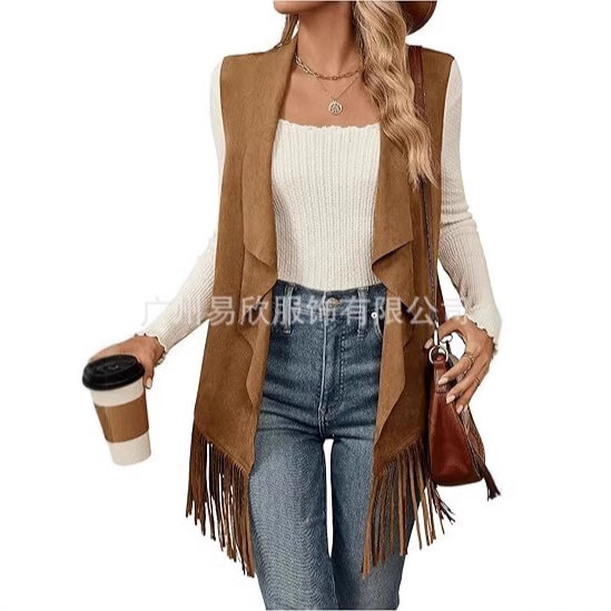 Amazon Women's Tassel Sleeveless Faux Suede 70 s Hippie Cardigan Jacket Coat Top Vest