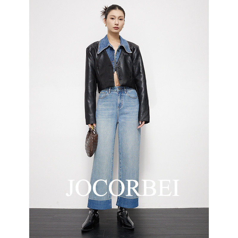 Jocorbei【Color-Contrasting Cuffs】Straight-Leg Jeans for Women, Petite, Cropped, High-Waisted, Loose Wide-Leg Pants, Straight Cut