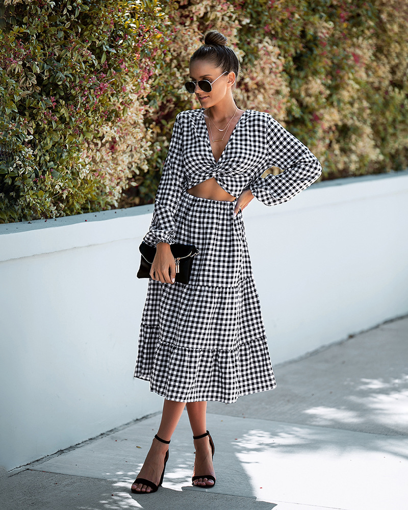 Plaid Dress Fake Two Piece Spring New Age Reducing Long Sleeved Top Big Swing Skirt