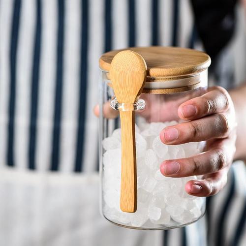 Glass sealed jar with lid storage jar for grains and nuts storage kitchen storage glass bottle with wooden spoon