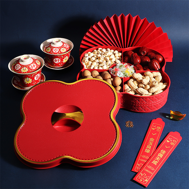 Gold-foil imitation leather textured multi-layer dried fruit box, compartmentalized fruit tray, wedding room early birth auspicious candy storage box