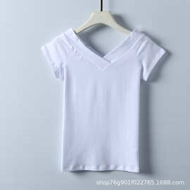 045 白色V领T恤女短袖2022年新款夏打底衫修身紧身黑色棉上衣体恤