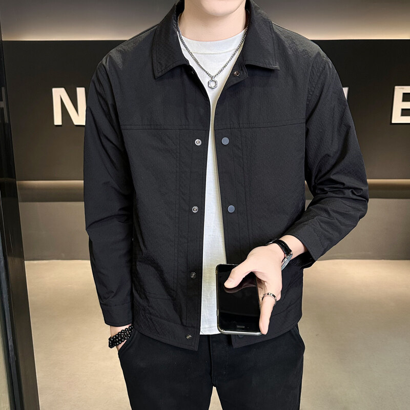 5202-L-4XL-店主风春季单排扣纯色翻领特殊面料夹克外套男