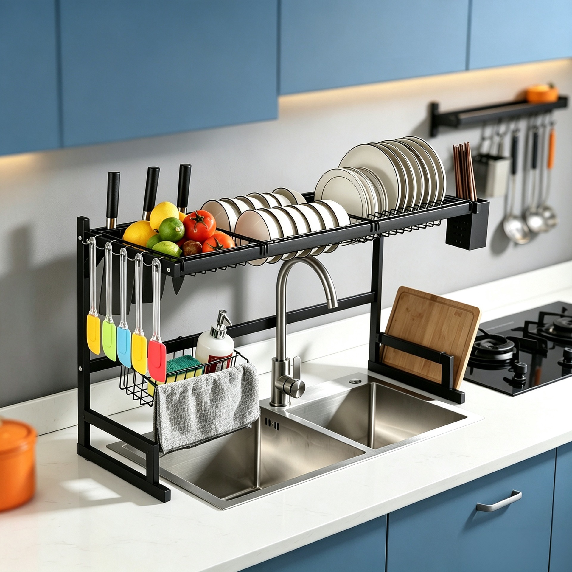 Acero inoxidable cocina fregadero estante cubierta lavavajillas palillos estante de drenaje estante de almacenamiento de platos multifuncional piscina