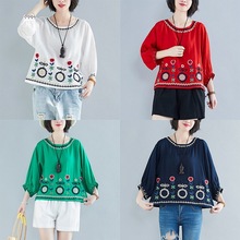 2025夏季新款女装上衣 棉麻绣花民族风上衣 圆领中袖休闲女式T恤