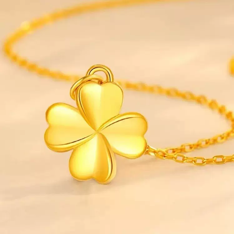 黄金999足金四叶草吊坠 3d硬金转运草项链女挂坠礼物直播引流批发