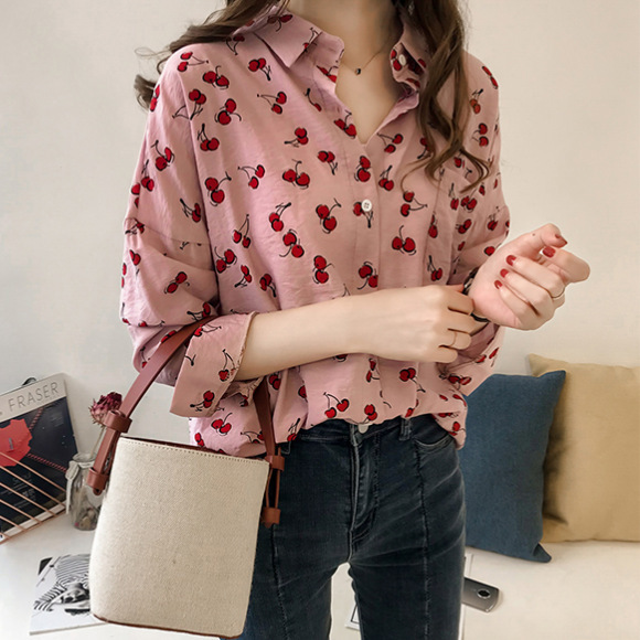 Foreign Trade Style Plus-Size Women's Cherry Print Long-Sleeve Shirt 2026 Spring and Autumn New Loose Shirt Base Shirt Top
