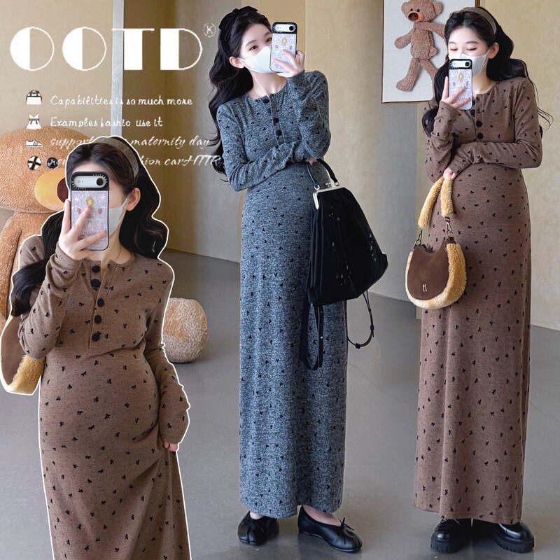 2026 Autumn/Winter French Floral Slim-Fit Long-Sleeve Maternity Dress with Buttoned Front 2026 Autumn/Winter French Floral Slim-Fit Long-Sleeve Maternity Dress with Buttoned Front