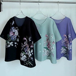 中年妈妈装三宅上衣女夏高级感印花圆领宽松休闲百搭开衫短袖T恤