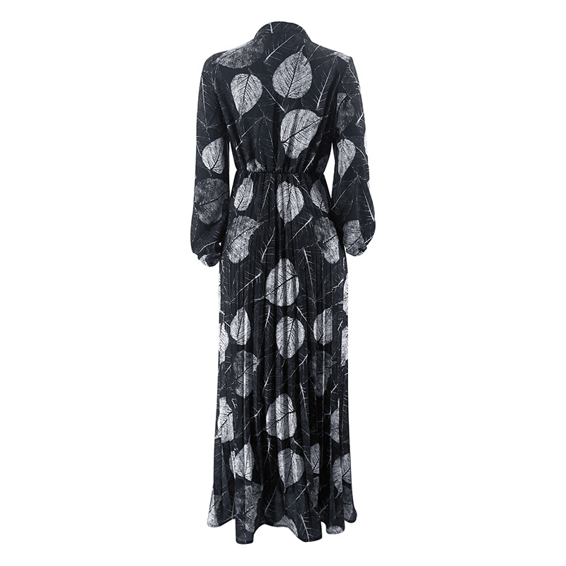 M2236 Middle East Dubai Women's Robe New Leaf Pleated Skirt Fashionable Waist-Cinching Dress_ecoleips.com