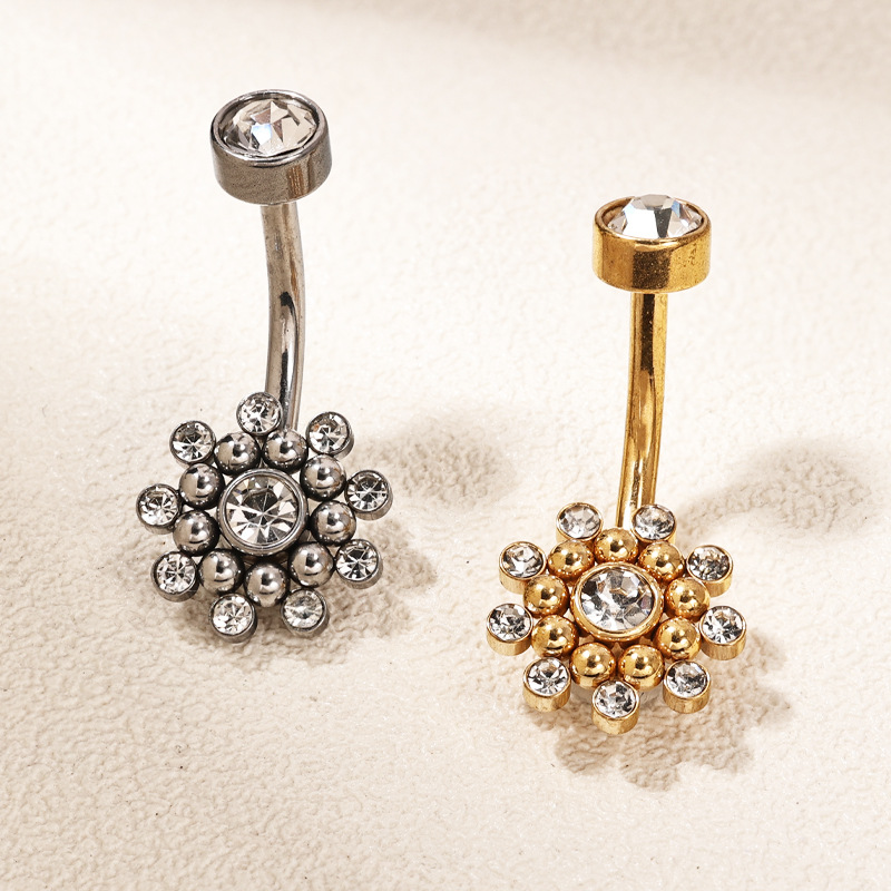 European American Fashion Belly Button Ring Zircon Navel Jewelry Stainless Steel Flower Design Gold 2024 Spring detail image 7