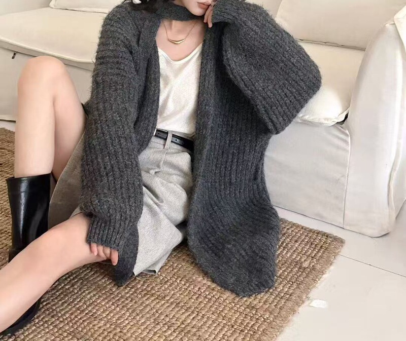 韩系高级感v领开衫毛衣外套女秋冬新款宽松慵懒收腰绑带针织上衣|undefined