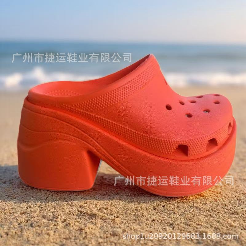 Cross Mermaid Hole Shoes Retro Women's Height-Increasing Slimming Thick-Soled Chunky Heel Closed-Toe Versatile Outdoor Beach Shoes Stylish