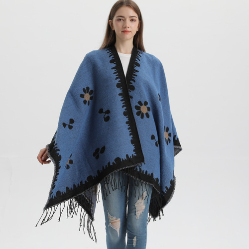 Korean fashion autumn and winter shawl new style small fresh flower knitted cardigan tassel slit warm outer cape