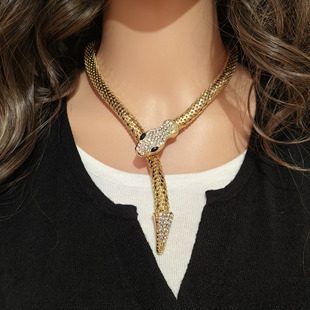 European and American Personalized Retro Necklace Snake-Shaped Diamond Magnetic Punk Style Exaggerated Necklace Long Elegant Tassel Necklace