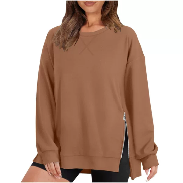 European and American Style Cross-Border Women's Clothing 2025 Autum Round Neck Pullover Side Zipper Casual Loose Long-Sleeved Sweatshirt