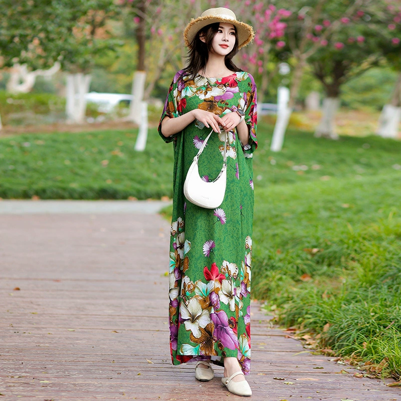 2025 новое летнее платье, высококачественное платье из хлопкового шелка, пляжное платье в ретро-этническом стиле, богемное длинное платье с широким подолом