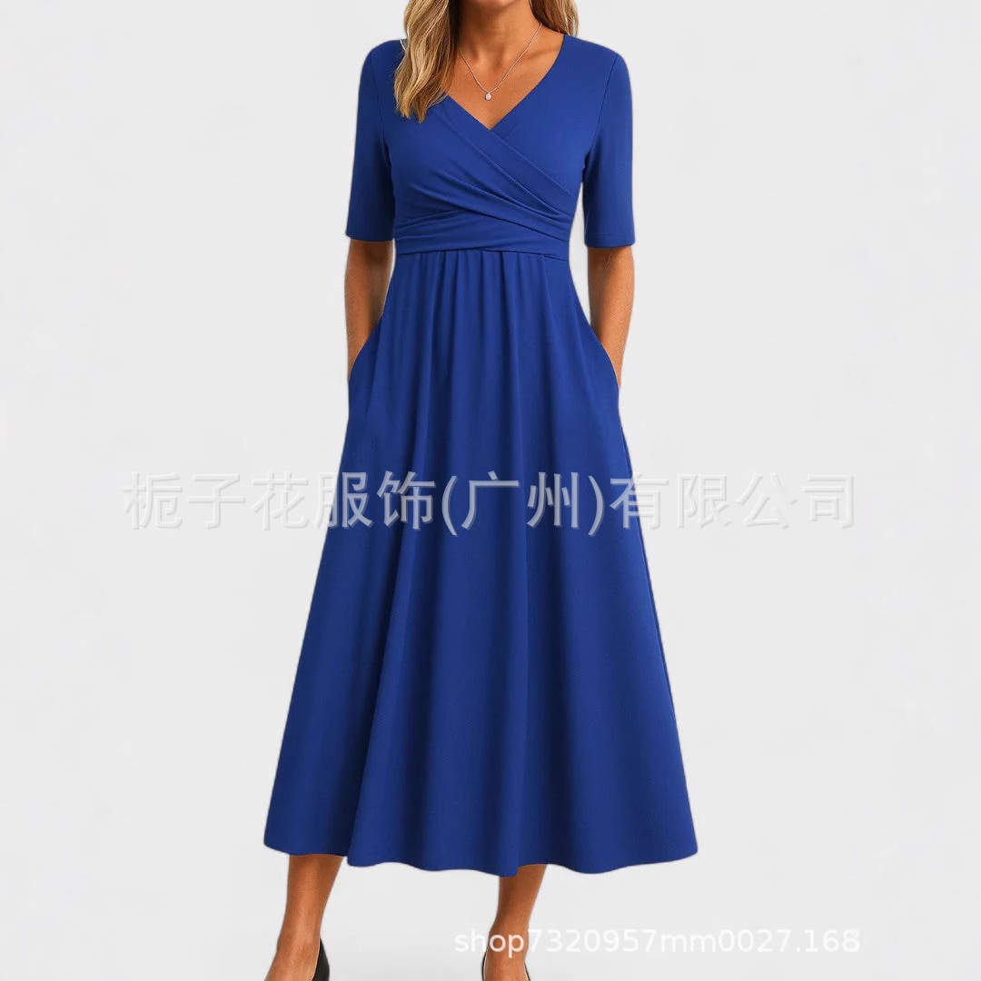 欧美跨境新款女士短袖夏季V 领简约时尚纯色休闲大摆宽松连衣裙女