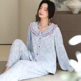 春秋新款纯棉纱布女长袖长裤开衫睡衣甜美休闲女家居服