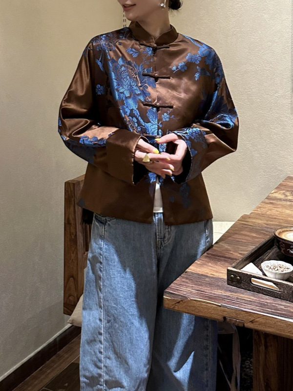 秋冬新品重磅桑蚕丝老缎新中式外套女国风玉石扣宽松经典贵气上衣|undefined