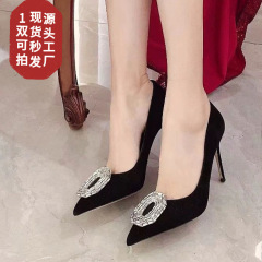 高跟鞋女2023年新款細跟尖頭水鑽淺口法式氣質性感單鞋10CM黑色