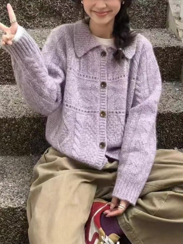 跨境韩国秋冬新款毛衣外套女装翻领温柔风麻花镂空针织开衫上衣|undefined